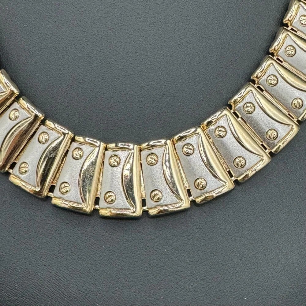 Striking Chunky Silver and Gold Tone Modern Collar Necklace and Earring Set - Picture 3 of 12